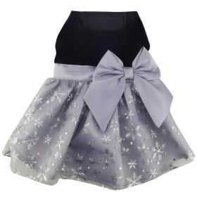 Holiday Dog Harness Dress (Color: Black Velvet with Gray Snowflake Skirt, size: X-Large)